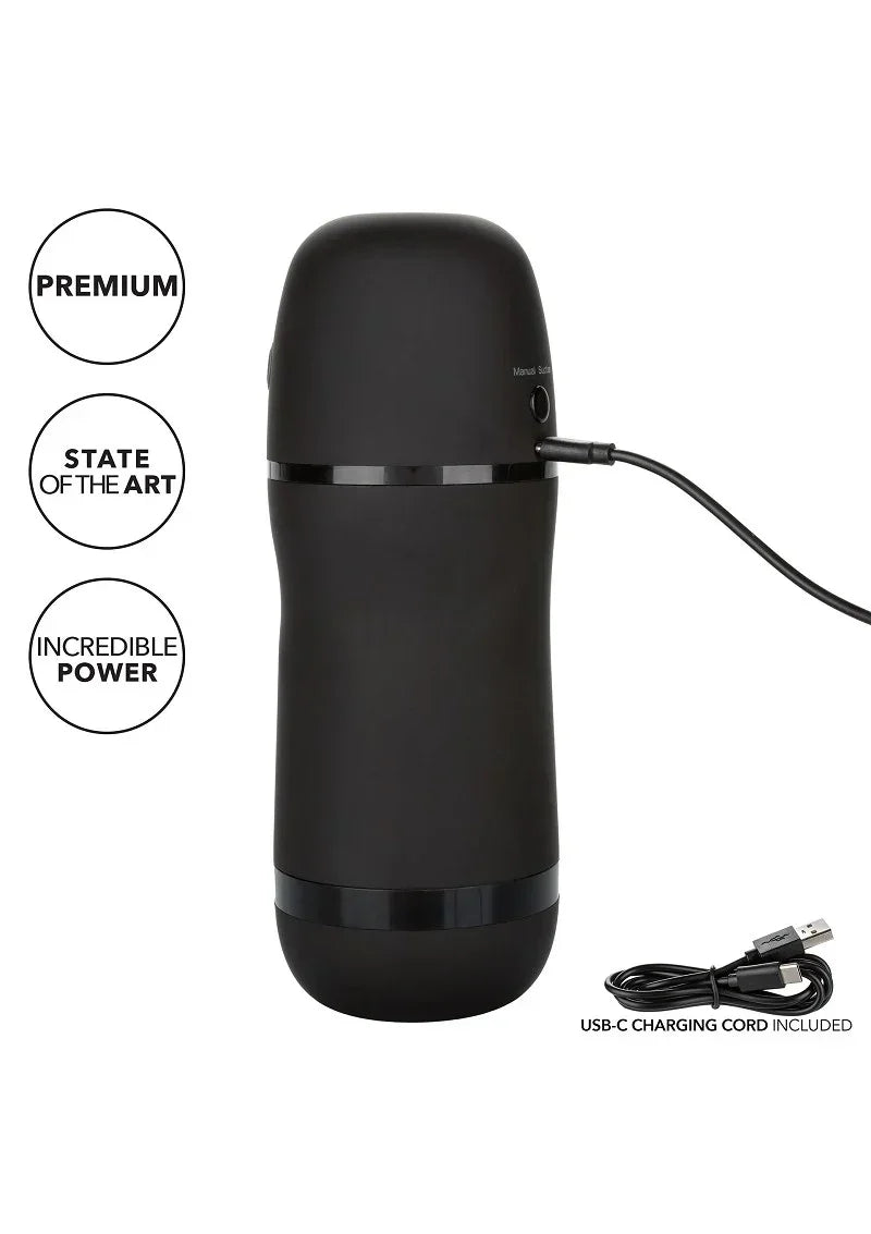 Zwarte masturbator met USB-C oplaadkabel en bedieningsknoppen bovenop