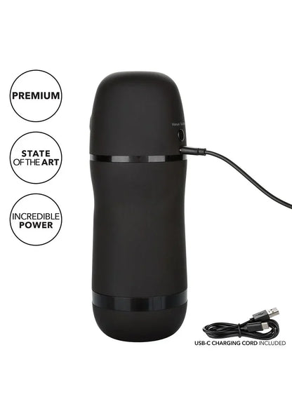 Zwarte masturbator met USB-C oplaadkabel en bedieningsknoppen bovenop