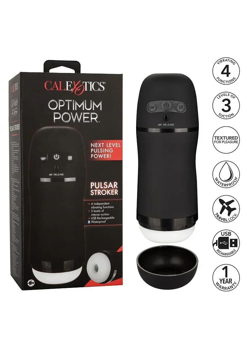 Zwarte CalExotics Pulsar Stroker masturbator in verpakking met meegeleverde onderdelen