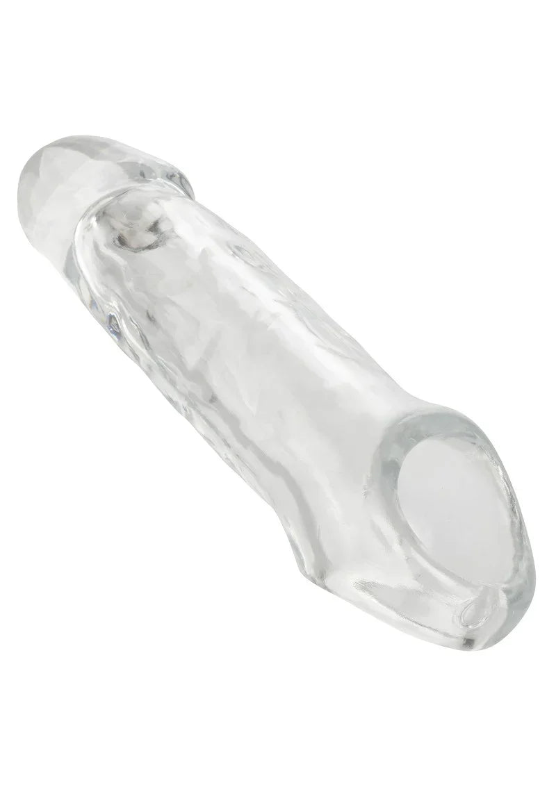 Doorzichtige seksspeelgoed-extension met brede achterzijde en open ring.