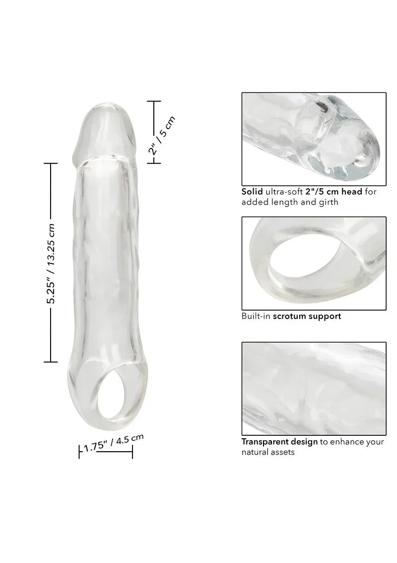 Doorzichtige seksspeelgoed-extension met ringopening en afmetingen tot 7,5 inch.
