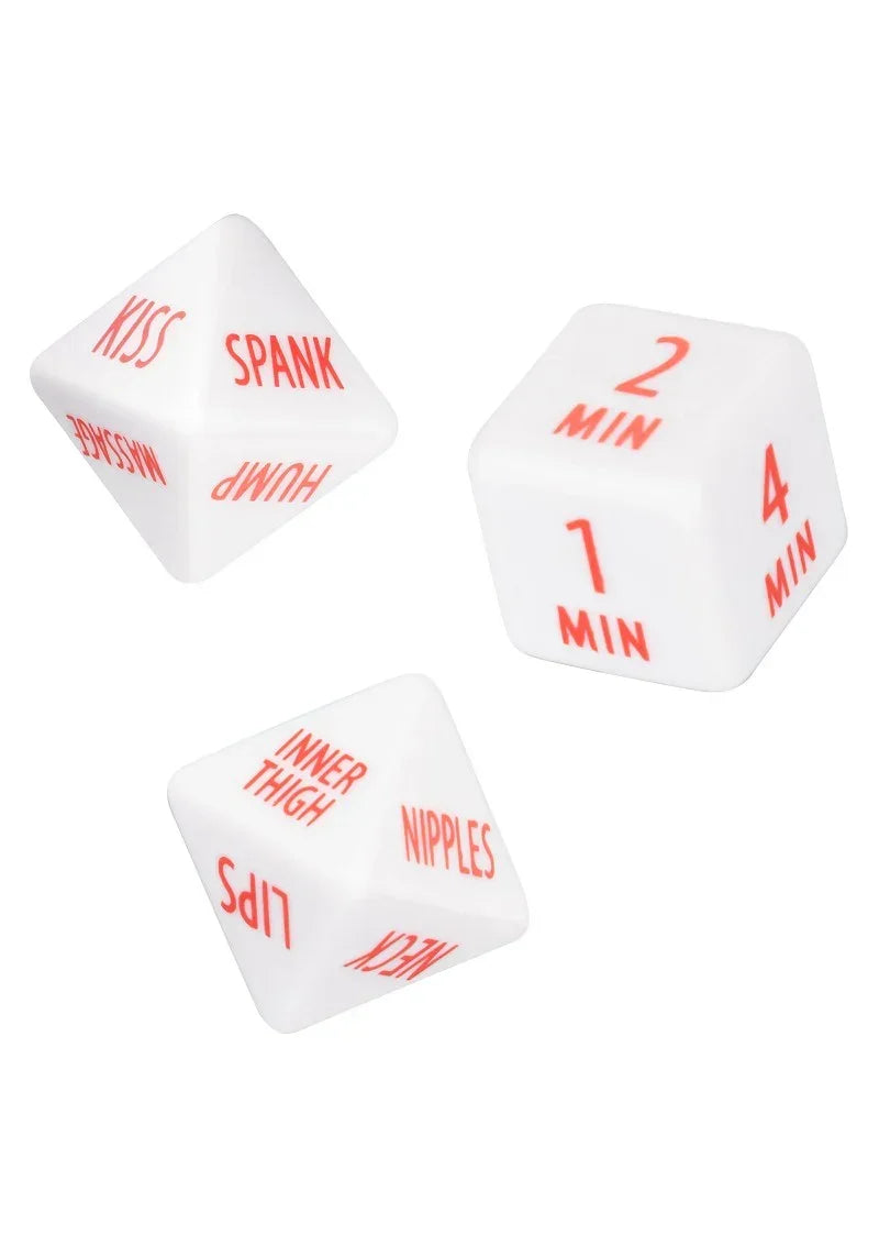 Witte Tempt & Tease dobbelstenen met rode teksten 'Spank', 'Min' en 'Nipples'.