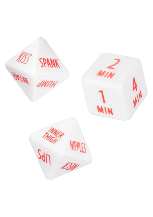 Witte Tempt & Tease dobbelstenen met rode teksten 'Spank', 'Min' en 'Nipples'.