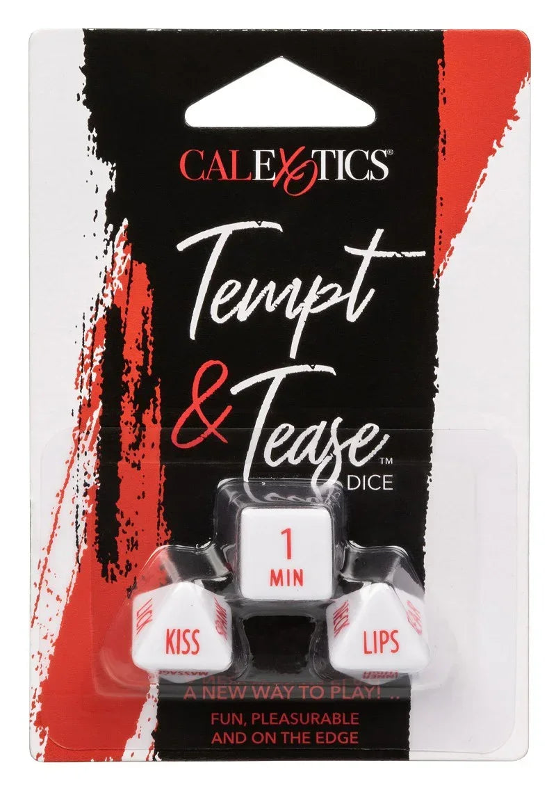Verpakte Tempt & Tease Dice-set van CalExotics met 1 MIN dobbelsteen in blister.