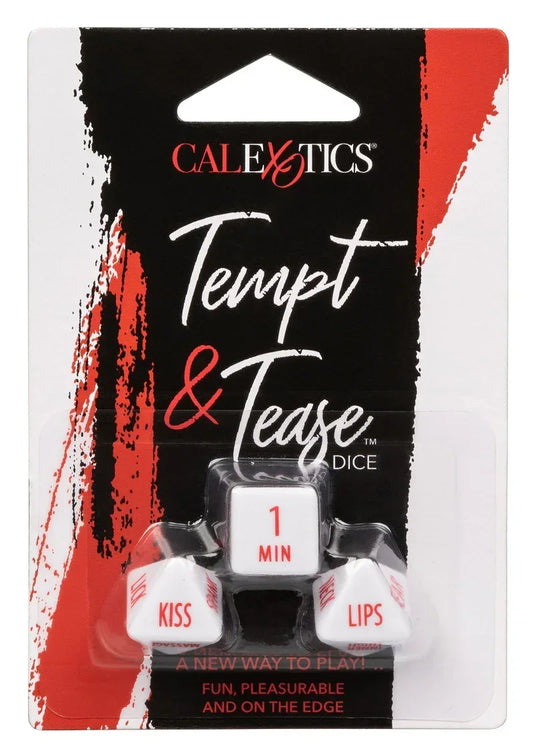 Verpakte Tempt & Tease Dice-set van CalExotics met 1 MIN dobbelsteen in blister.