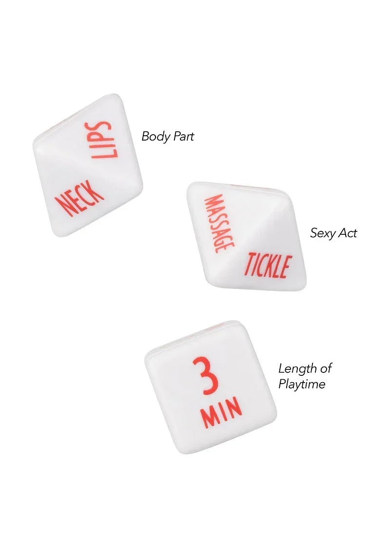 Witte dobbelstenen met rode teksten: 'Lips', 'Neck', 'Tickle' en '3 MIN'.
