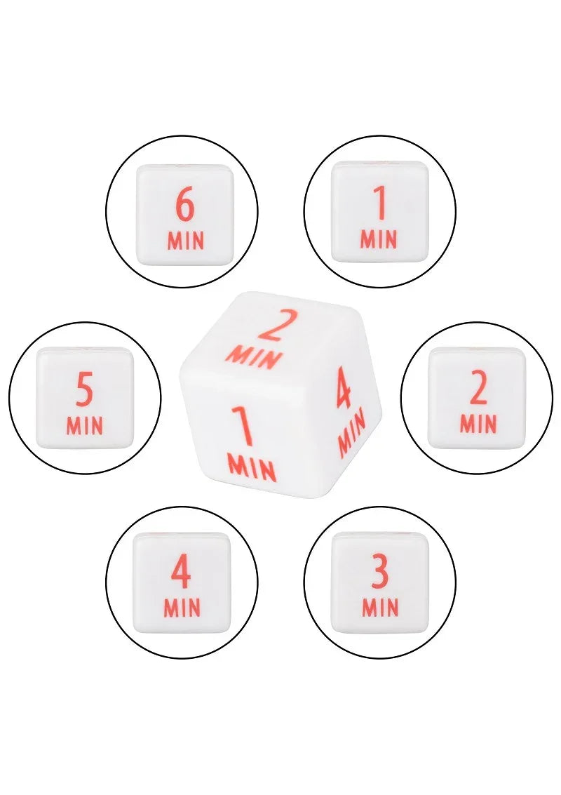 Witte dobbelstenen met rode cijfers 1 t/m 6, elk met 'MIN'.
