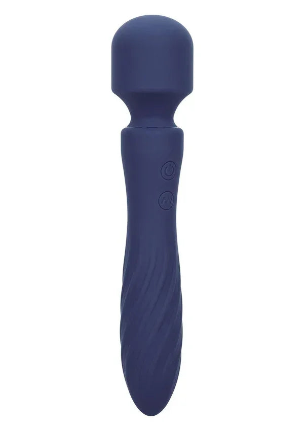 Blauwe siliconen triller met afgeronde kop en langere handgreep, met knoppen.