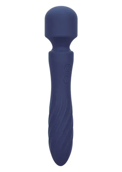 Blauwe siliconen triller met afgeronde kop en langere handgreep, met knoppen.