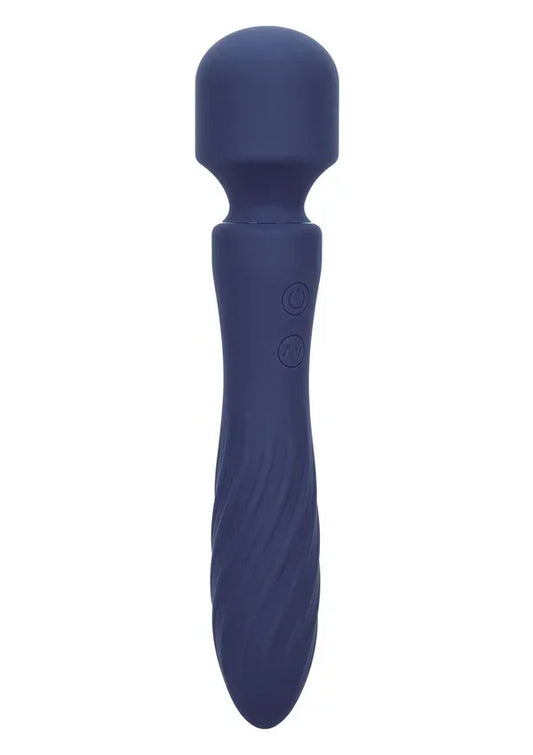 Blauwe siliconen triller met afgeronde kop en langere handgreep, met knoppen.