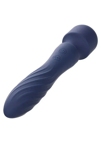 Blauwe siliconen vibrator, close-up van de steel met kleine knoppen.