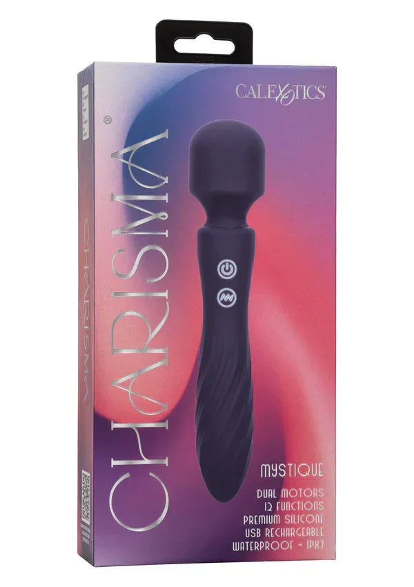 CALEXOTICS verpakking van een blauwe Mystique dual-motor vibrator van siliconen.