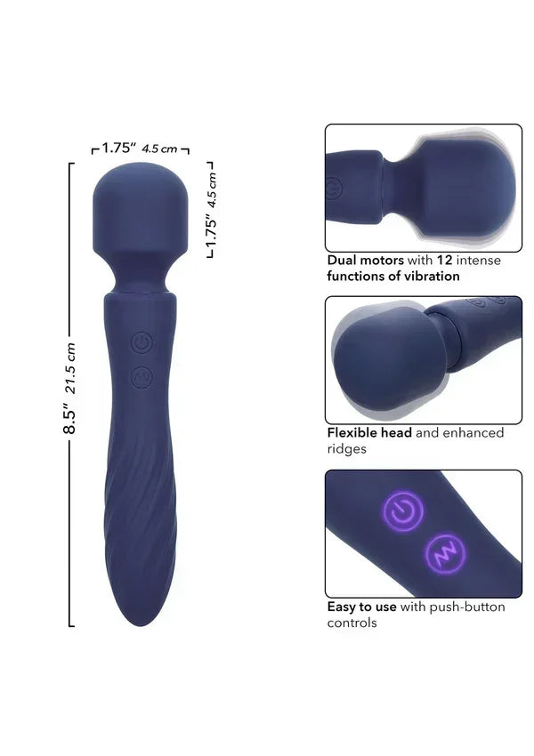 Blauwe siliconen vibrator met flexibele kop en zichtbare knoppen op de steel.