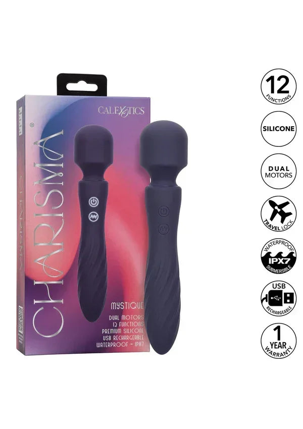 CALEXOTICS doos met blauwe Mystique dual-motor vibrator van siliconen.