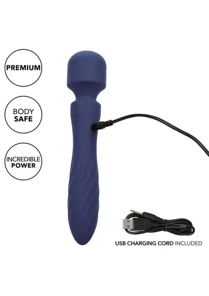 Blauwe siliconen vibrator met USB-oplaadkabel aansluiting.