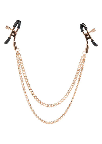 Twee intieme klemmen met zwart en rosegoud accent, verbonden door dubbele ketting