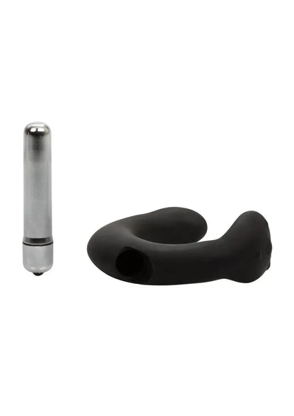Zwarte prostaatmassager met metalen inzet en losse zilverkleurige dop
