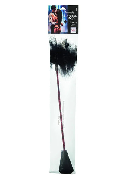 Zwarte feather crop op kaartverpakking met pluizige zwarte veer en lange steel