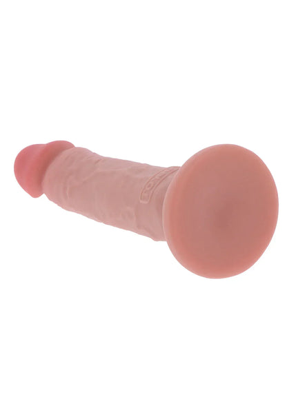 Roze TPE dildo in liggend zijaanzicht met ronde kop en voet.