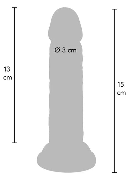 Maattabel van roze dildo: Ø 3 cm, 13 cm hoogte, 15 cm totaal.