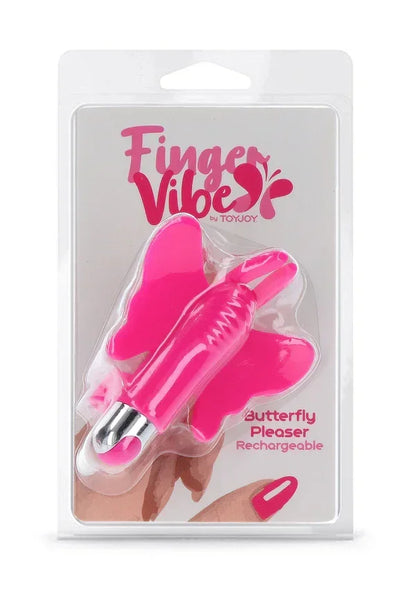 Verpakking met fuchsia vlinder vinger-vibe, oplaadbaar, in doorzichtige blister