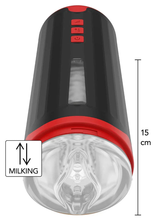 Zwarte en rode automatische masturbator met transparante zuigkop en milkingpictogram.
