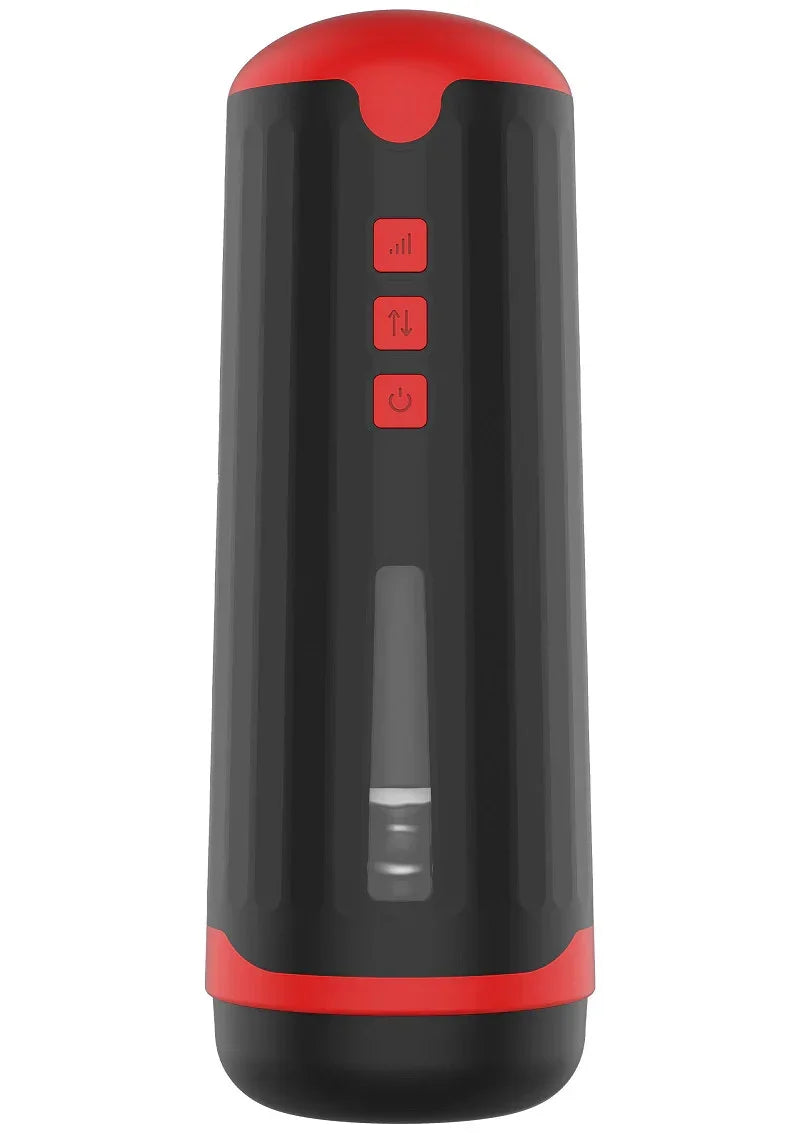 Zwarte en rode automatische masturbator met bedieningsknoppen op de voorzijde.
