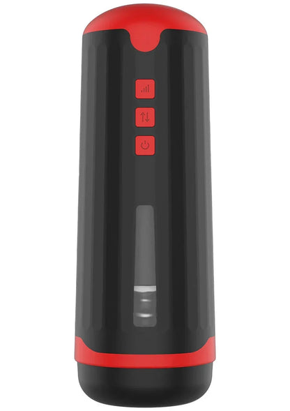 Zwarte en rode automatische masturbator, recht van voren met bedieningspaneel zichtbaar.