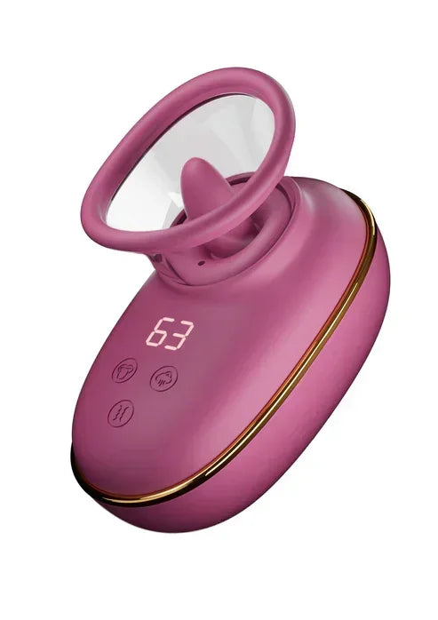 Roze vacuüm clitorale likpomp met ringkop en display 53, schuin vooraan
