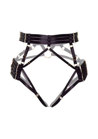 Zwarte strappy harness-briefs met metalen ringen en open, kruisvormig riemensysteem