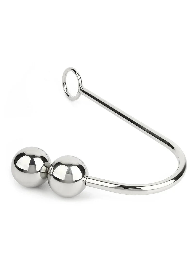 Anale hook met dubbele ronde ballen, verchroomde steel en oogvormige ring, Mr. Steel