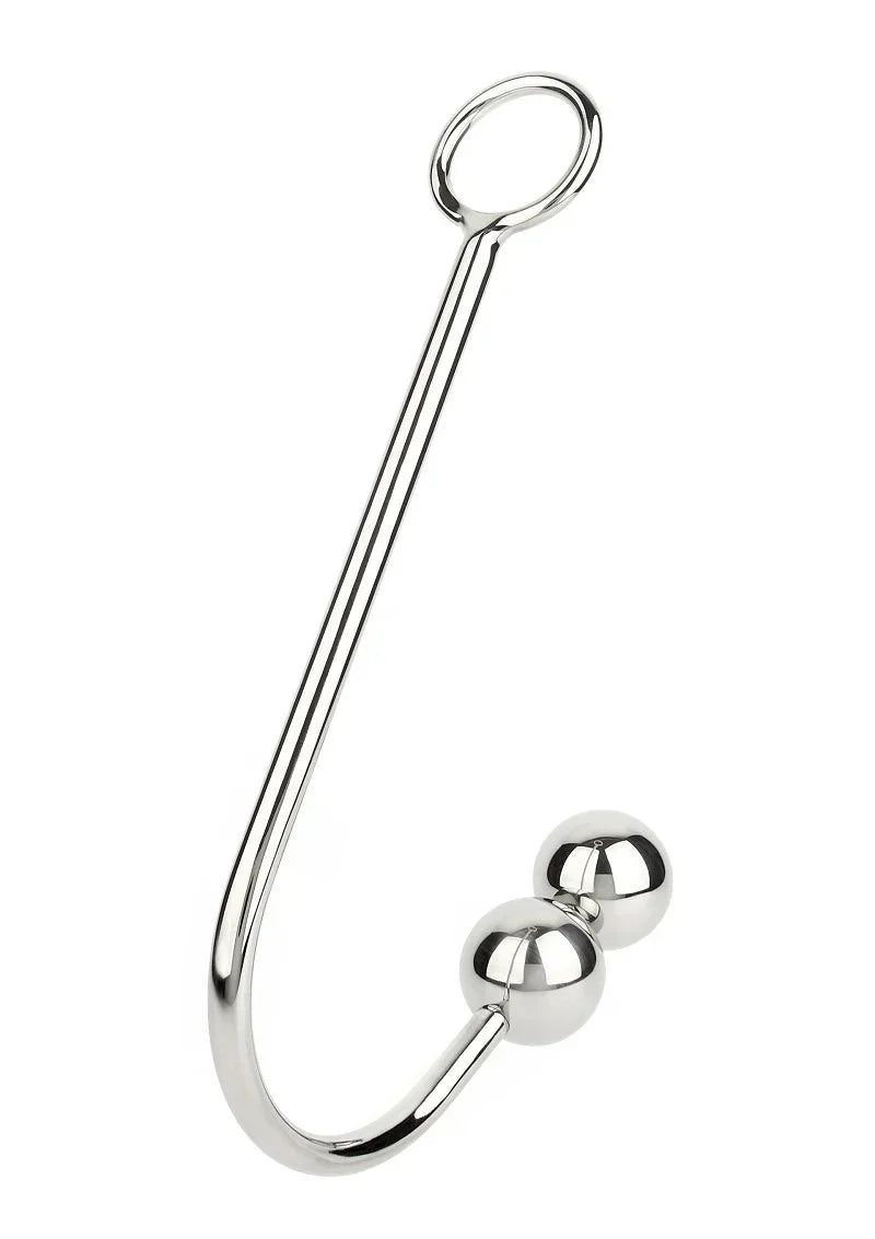 Anale hook met dubbele ballen en lange verchroomde steel, oogvormige ring, Mr. Steel