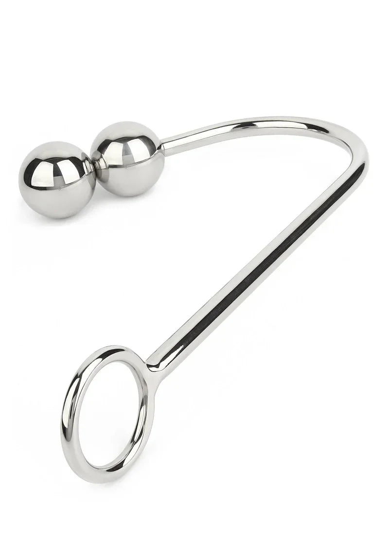 Anale hook met dubbele ballen en verchroomde gebogen steel, oogvormige ring, Mr. Steel