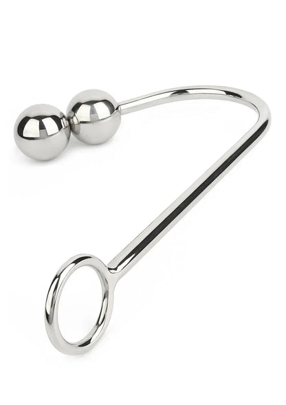 Anale hook met dubbele ballen en verchroomde gebogen steel, oogvormige ring, Mr. Steel