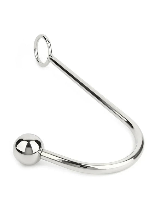 Metalen bondagehaak met bolvormige knop en ronde ringopening, glanzend zilver