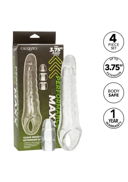 CalExotics Performance Maxx set met transparante penisextensie en 3 stoppers