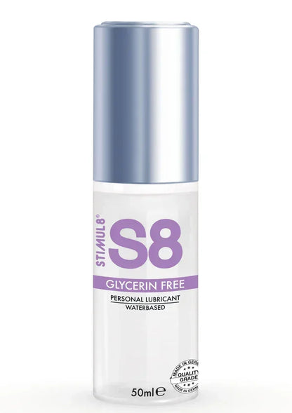 Glycerinevrije glijmiddel-fles S8 van Stimul8, blauwe dop, label met 50 ml