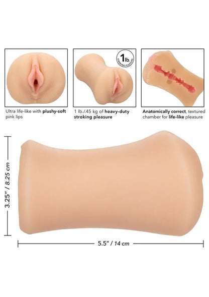 Huidkleurige buisvormige masturbator met zichtbare opening en anatomische vorm