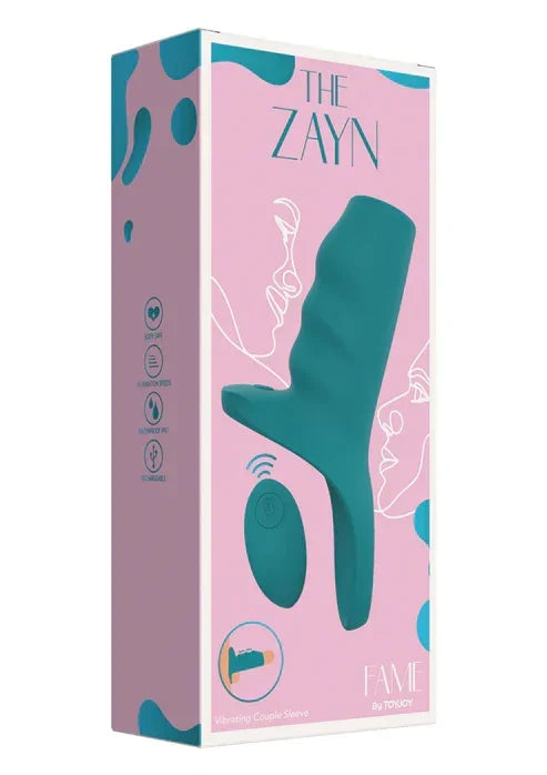 Verpakking van ToyJoy ZAYN couple-sleeve in roze en teal met productafbeelding