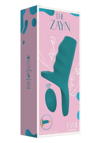 Verpakking van ToyJoy ZAYN couple-sleeve in roze en teal met productafbeelding