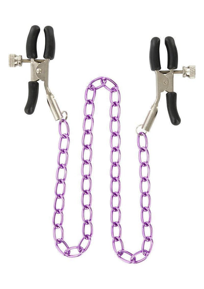Nippelklemmen met paarse ketting en metalen klemmen, verstelbaar