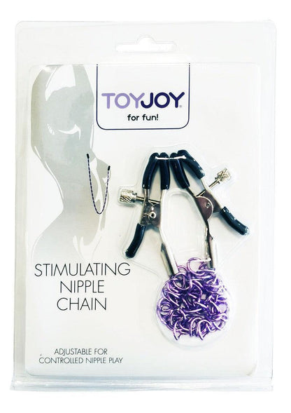 ToyJoy Stimulating Nipple Chain in verpakking met paarse ketting en nippelklemmen