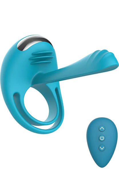 Blauwe C-ring joystick-afstandsbediening met ring en afstandsbediening naast elkaar