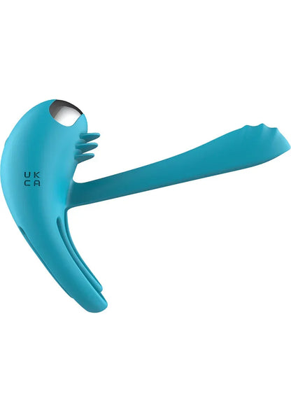 Blauwe C-ring joystick-afstandsbediening, zijaanzicht van handgreep en behuizing