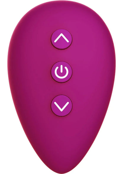 Magenta afstandsbediening met drie knoppen: omhoog, aan/uit en omlaag