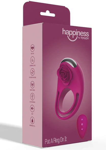Verpakte C-ring afstandsbediening met magenta design en rozenmotief van ToyJoy
