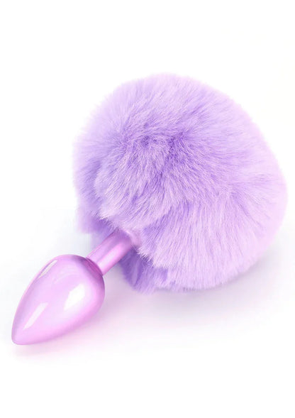 Paars harige buttplug met konijnenstaart en glanzende druppelplug