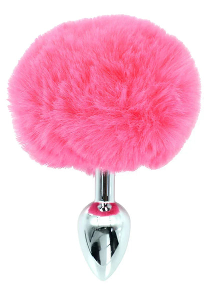 Roze pluizenstaart buttplug met zilveren metalen punt en ronde basis