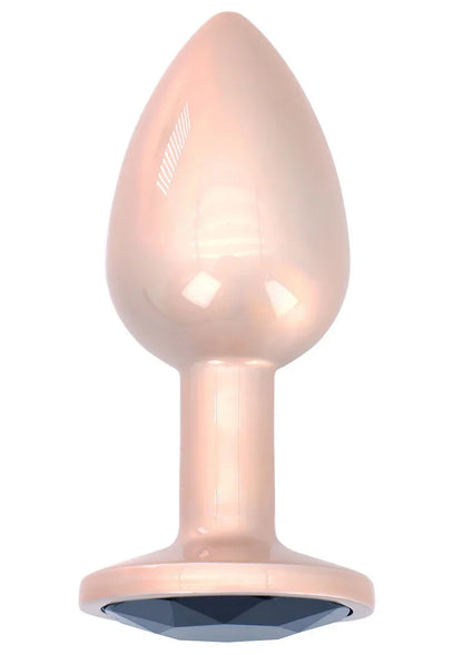 Roze-gouden buttplug met druppelvormige vorm en donkere kristalring aan de onderkant