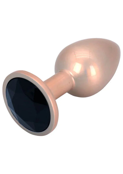 Roze-gouden buttplug met ronde voet en ronde voorkant met donkere kristalinzet